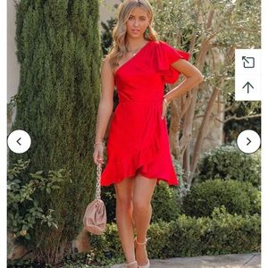 VICI RED  SATIN MINI RUFFLE DRESS WITH SIDE ZIPPER